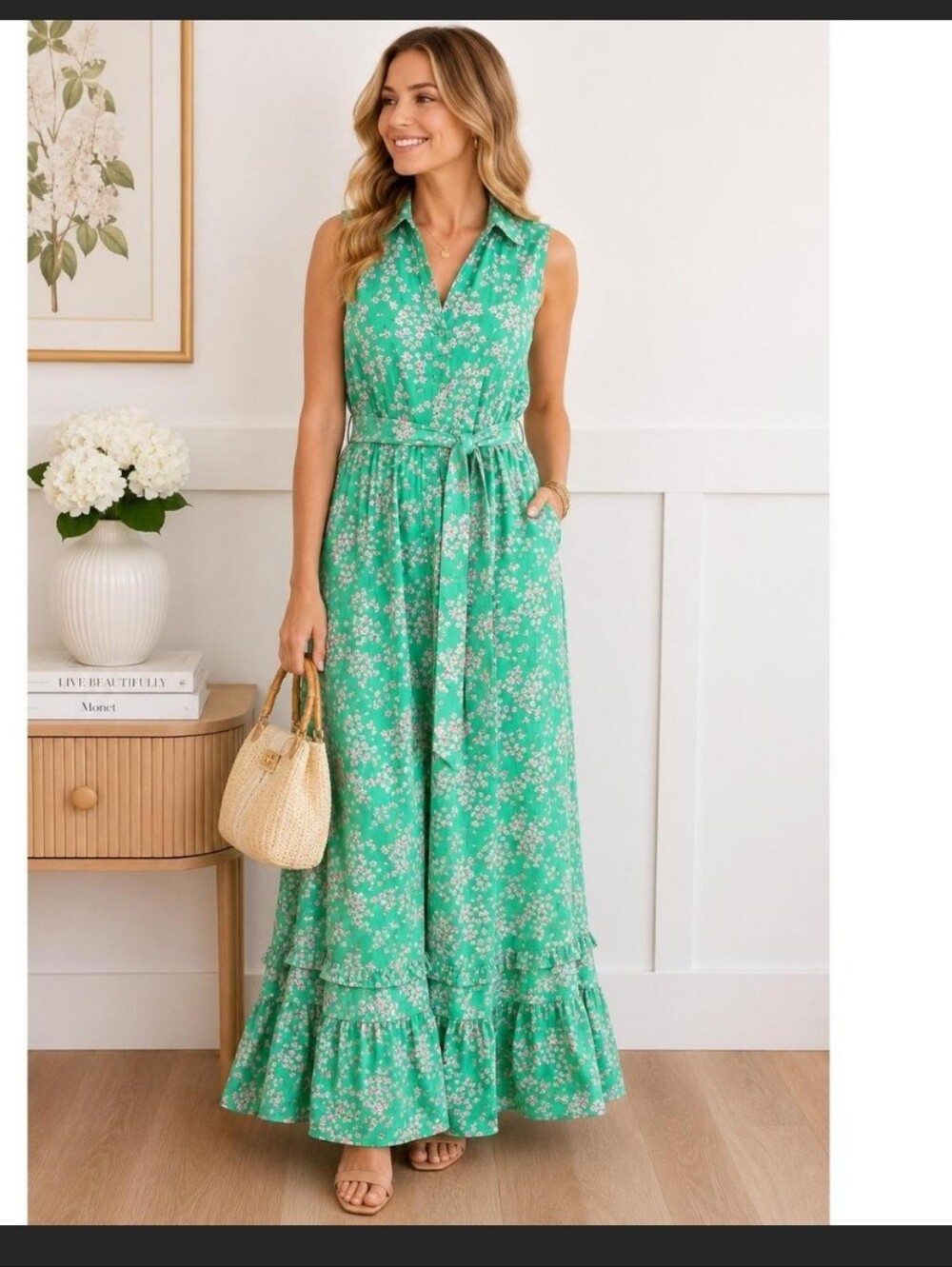 Draper James Sleeveless Green Floral Maxi Dress with Tie Waist
